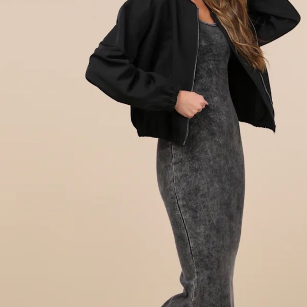 Lulus Elevated Coolness Washed Black Long Sleeve Bodycon Midi Dress - Size M